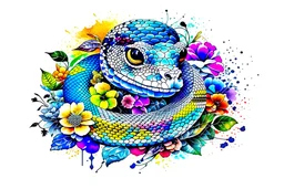 Snake head in the watercolor style of david paul seymour with flowers and vibrant hues