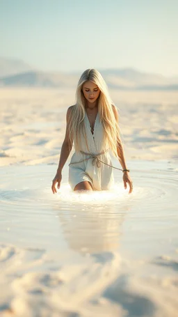 A hyper realistic photo of: Some forgotten realms strong beautiful blonde girl with long white hair wades into a white colour emitting magically radiating and bubbling color pool in an endless windswept level landscape of only sand and grit. photorealistic, bokeh, masterpiece, smooth shading, ultra detailed, high resolution, cinematic, unreal 6, subtle shadows, octane render, 8k, cinema 4d, HDR, dust effect, vivid colors, thin line draw