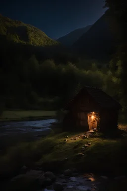 Old hut by the river in valley at night