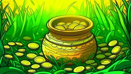 fantasy cartoon illustration: pot of golden coins in the grass