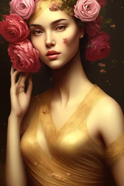 painting of flowers and beautiful girl portrait, scaffolding, decay, wood textured, anatomically correct, beautiful perfect face, sharp focus, highly detailed