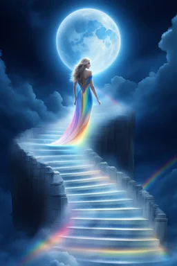 fantastic,Beautiful woman, stairway to heaven whit rainbow, ufos futuriste tres beau