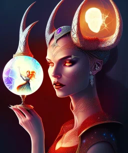 A dark female entity with horns sitting down on her thron pearing into a small crystal ball she hold in her hand, fantasy, realistic,