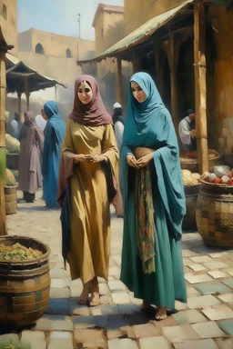 oriental arabic 2 woman standing in market painting