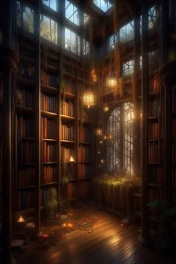 Forest library, autumn, many books,nature,natural lines, lamp garlands, twilight,dark,botanical maximalism boho style, hyperrealism, hyperdetalization, high quality, 32k, dark botanical, bionics, bionic elements,grunge, magic, fantasy, many complex details, filigree, clarity, sharpness, 8d painting, concept art, 35 mm, contrast