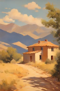 sunny day, mountains, trees, dirt road, countryside, nostalgy influence, adobe house, henry luyten and ludwig dettman impressionism paintings