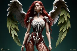 3D render ultra detailed of a beautiful angel, from knee to head, biomechanical cyborg, analog, 35 mm lens, beautiful natural soft rim light, big leaves and stems, roots, fine foliage lace, colorful details, samourai, pearl earring, heavely tattoed, intricate details, mesh wire, mandelbrot fractal, facial muscles, cable wires, microchip, badass, hyper realistic, ultra detailed, octane render, volumetric lighting, 8k post-production, red and white, detailled metalic bones, semi human, by Glenn Br