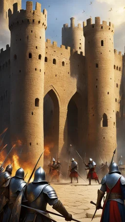 War of crusaders around a big wall many solders armed with spears and bows And swords try to enter inside a big castle , fires and dead’s and big fights