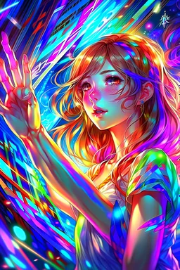 (masterpiece, best quality, highres:1.2), (intricate and beautiful:1.2), (detailed light:1.2), (colorful, dynamic angle),female,anime,a portrait in hologram form, she's making a frame shape with her hands, cute, seductive, dynamic pose, soft light passing through hair, (abstract background:1.3), (cinematic)