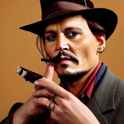 portrait of johnny depp as indiana jones smoking, in studio