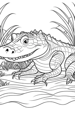 coloring page for kids, ALLIGATER, cartoon style, thick outline, low details, no shading, no color