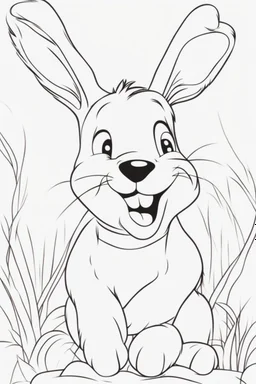 blank colouring book, white background, simple picture for toddlers, rabbit, four legs, smile on face, disney and pixar style