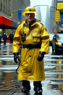 vintage retro nypd full body color policeman wtih exosquelette heavy yellow rain transparent coat