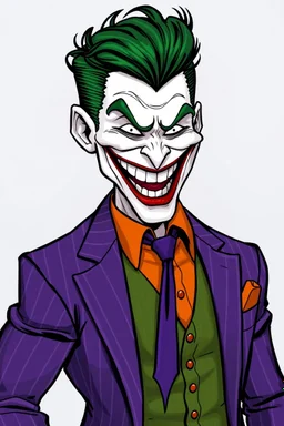 The Laughing Man - A tall, muscular 20-year-old man, with (((Short, crew cut wavy green hair tapered on the sides and back:1.5))), his face is white with red lips permanently stuck in an evil grimace/smile, he has thick, bushy green eyebrows He wears a purple pinstriped jacket over a green waistcoat and an orange button up shirt with a purple tie