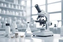 futuristic microscope and other laboratory gadgets on a bench , 16k, 3d rendering, expressively detailed, futuristic, cyberpunk, dynamic light, white, milk formula