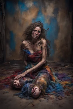 Bound and thrown to the floor, a woman exudes vulnerability in a fantastical setting. Her tattered gown clings to her bruised skin, hair tangled and wild. The scene is depicted in a stunning photo, showcasing intricate details and vivid colors. it captures the desperation and strength in her eyes, making the viewer feel the intensity of her situation. This masterful image blends beauty with turmoil, immersing the audience in a powerful narrative.