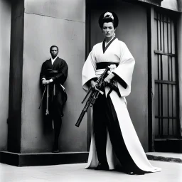 [photo by helmut newton] The guardian stands tall, Kimono turned combat gear, Beauty wields power. A weapon in each hand: Skillful hands at work,Firearm and blade in balance, Enforcer's resolve. Her strength emanates, Ancient grace meets modern might, she attacks