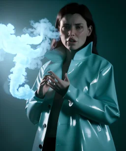 Ultra Realistic image, photo studio, medium shot view, a woman making the fuck off gesture with his hand, blue smoke coming out of his nose and mouth, happy. Latex inflatable coat, soft color, highly detailed, unreal engine 5, ray tracing, RTX, lumen lighting, ultra detail, volumetric lighting, finely drawn, high definition, high resolution.