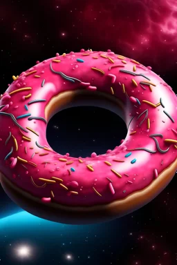 A pink donut planet with rings in outer space