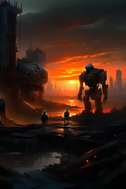 In a world in abstract art style ravaged by war and destruction, the sun sets on a future, casting an eerie glow over the ruins of civilization in cyberpunk art style. As the last rays of light fade, that bitch sours genius brings to life a breathtaking scene of futuristic robots inspired by frank frazzeta locked in a fierce battle, their metallic bodies glistening in the fading light in Cubist vision bringing hope a new kind of life is just emerge in these chaotic universe