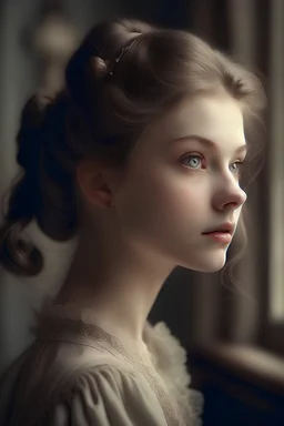 A (((woman))) with big, ((softly raised eyebrows)) and gentle, ((innocent gray eyes)), exuding an air of femininity and delicate charm. She is ((petite)) and radiates an aura of youthful innocence. We can see her from her side profile. Suggesting that she is lost yet curiously delighted, set against the backdrop of a picturesque, vintage (1800s-era) town. Make it oudoors. A postman is standing behind her with mail. He is wearing a red velour long jacket. Make him wear a ring because he is marri