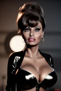 Sophia Loren dressed in shiny black leather, frank miller sin city, busty, cleavage, volumetric lighting, particales,highly detailed,cinematic, deep colours,8