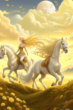 Fantasy digital art: fairies with golden hair, and white dresses descend from fluffy clouds towards a meadow with brown horses