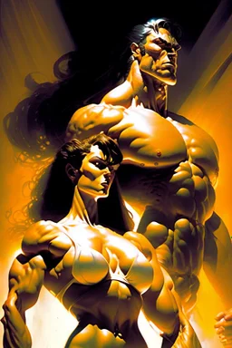 bodybuilder woman and man, Intense, Dramatic Lighting, Futuristic, Muscular, Athletic, Dynamic, sweat glistening, Intricate details, Digital illustration, energetic, High contrast, art by boris vallejo and greg rutkowski