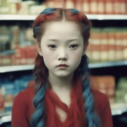 Old autochrome of devon aoki with red cheeks, strange blue braids. in a supermarket, in 1830