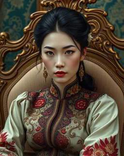 A stunning Asian woman with porcelain skin, high cheekbones, and piercing green eyes, dressed in a traditional embroidered sarafan, sits regally in a lavish, ornate chair, surrounded by opulent fabrics and gold accents, as if plucked from a 19th-century Russian aristocratic portrait, rendered in exquisite hyper-realistic detail, with the rich textures and subtle play of light and shadow characteristic of a masterful oil painting, reminiscent of the works of Ivan Kramskoi, Zinaida Serebriakova