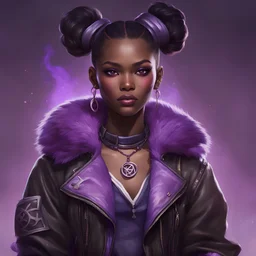 arcane tv show style, league of legends, solo, 1girl, attractive teenager, african, dark skin, dark-brown eyes, black hair, pair buns, (violet strand in forehead bang), necklace, earrings, modern makeup, (detailed skin texture), old leather jacket with violet fur collar, oversized torn t-shirt with half-erased unknown music group logo, You can see through the wide holes in the t-shirt her acid-green sport top, dark background, bokeh, cinematic atmosphere