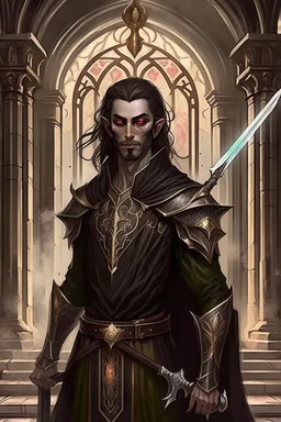 full length, mantle, black cloth, long spear in left hand, dark green eyes, the character is not too close to the camera, background dark hall with columns,