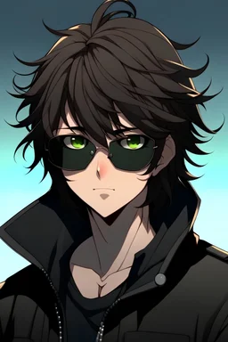 An anime boy with black eyes and hair, wearing a black jacket and sunglasses