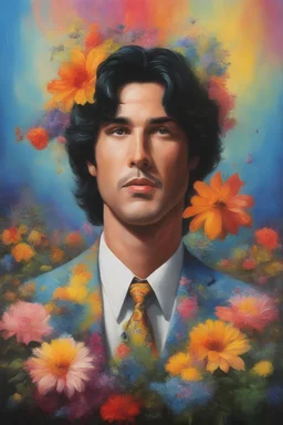 Hickory Dickory dock what a wonderful looking man, Paul Stanley/Elvis Presley/Keanu Reeves/Jon Bernthal, multicolored, large, Floral/rainbow designs, atmospheric, beautiful, oil painting by Boris Vallejo, 4k UHD, Photorealistic, professional quality