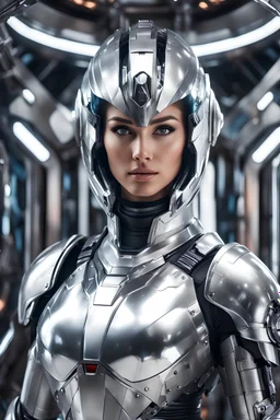 Excellent photo,mechines,realistic photo digital woman,half body,abstracs armored silver chromecast colors shine.style: details digitalphoto, spaceship interior background