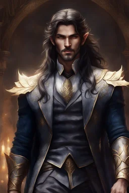 pointed ears handsome elven male, long black hair, golden eyes, shade of beard