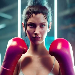 Cyberpunk cyber girl boxing in the ring unreal 5, octane render,cinema4d, dynamic lighting, 8k, redshift render, highly, hyperrealism ultra detailed, hyper realistic.