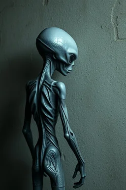 a gray alien standing by a wall piss on the wall back view he turned face write scared