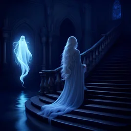 3D, a beautiful ghost on a beautiful staircase, a Patronus charm, calm, charming, flowing, glowwave, the lady by the lake, long flowing hair, ghostly, translucent, hauntingly beautiful, Modifiers: high definition