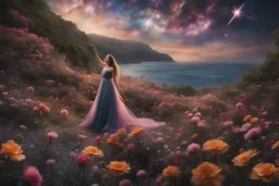 A hyper-realistic,A fairy with a wand of twinkling stars, surrounded by a sea of vibrant blooms in a dreamlike fantasy world., Photo Real, HOF, full size, practicality,manufacturability,performance, (((realism, realistic, realphoto, photography, portrait, realistic, elegant, charming, apocalyptic environment, professional photographer, captured with professional DSLR camera, trending on Artstation, 64k, ultra detailed, ultra accurate detailed, bokeh lighting, surrealism, Thomas Kinkade backgroun