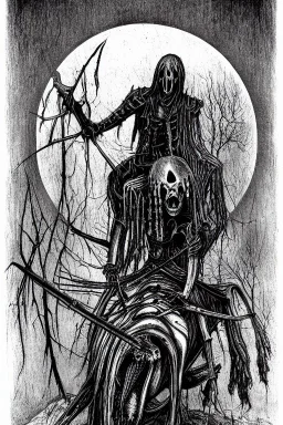 Old photo headless horseman by h r Giger, junji ito, dystopian surrealism, dark horror fantasy, artstation intricate details, demonic, dark art, dark noir, neoclassical gothic horror