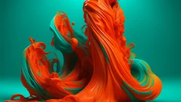 a surreal scene depicting a figure that appears to be melting and reshaping, with intricate details of flowing fabric in vibrant orange and teal, capturing the essence of morphing