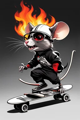 A rat on a skateboard, with glasses and a helmet; the rat laughs; fire coming from behind; cartoon style White ando black colors, with the text "FISCALIA COLOMBIA"