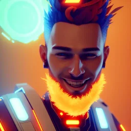 A beautiful portrait of a cute cyberpunk man laughing facing camera orange color scheme, high key lighting, volumetric light high details with white stripes and feathers unreal 5, octane render, cinema4d, dynamic lighting, dramatic lighting, 4k, redshift render, highly detailed, hyper realistic