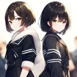 Clear focus, High resolution, fluffy black short hair, dark green eyes, wearing a black sailor uniform and pleated black skirt, fluffy hair, detailed outfit