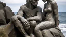 Two figures, female and male, are joined and embraced. Carved from textured, weathered stone with visible cracks, they resemble humanoids fused with shark heads, seated on a rocky outcrop overlooking a turbulent sea. In the background, a ghostly sailboat.