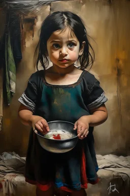 an expressive painting of a 3 years old girl poor with black hair and Ruth clothes standing in line with out her children’s asking for food holding a pan with both hands painting, with Palestinian flag in the background, we might see a companion with features of absolute strength and determination, blended with warmth and deep faith. Perhaps his face expresses wisdom and courage, with eyes radiating confidence and faith.