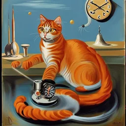 Orange longhairs cat with a clock, surrealism in the style of Salvador Dali