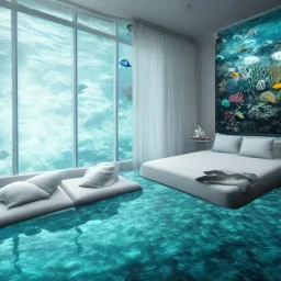 a gorgeous, stunning underwater room with glass wall, white cushions, dark wood, foliage, ocean marine life, 8k resolution, high-quality, fine-detail, iridescent, intricate, digital art, detailed matte, volumetric lighting, illustration, 3D octane render, brian froud, howard lyon, selina french, anna dittmann, annie stokes, lisa parker, greg rutowski, George Grie, Ben Goossens, Igor Morski