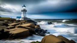 A white lighthouse standing on a rocky shore, with a stormy blue sky and choppy ocean in the background